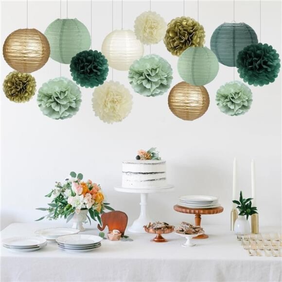 Sage Green Party Decorations Paper Lanterns Pom Poms Birthday Baby Shower Weddin - Picture 3 of 7